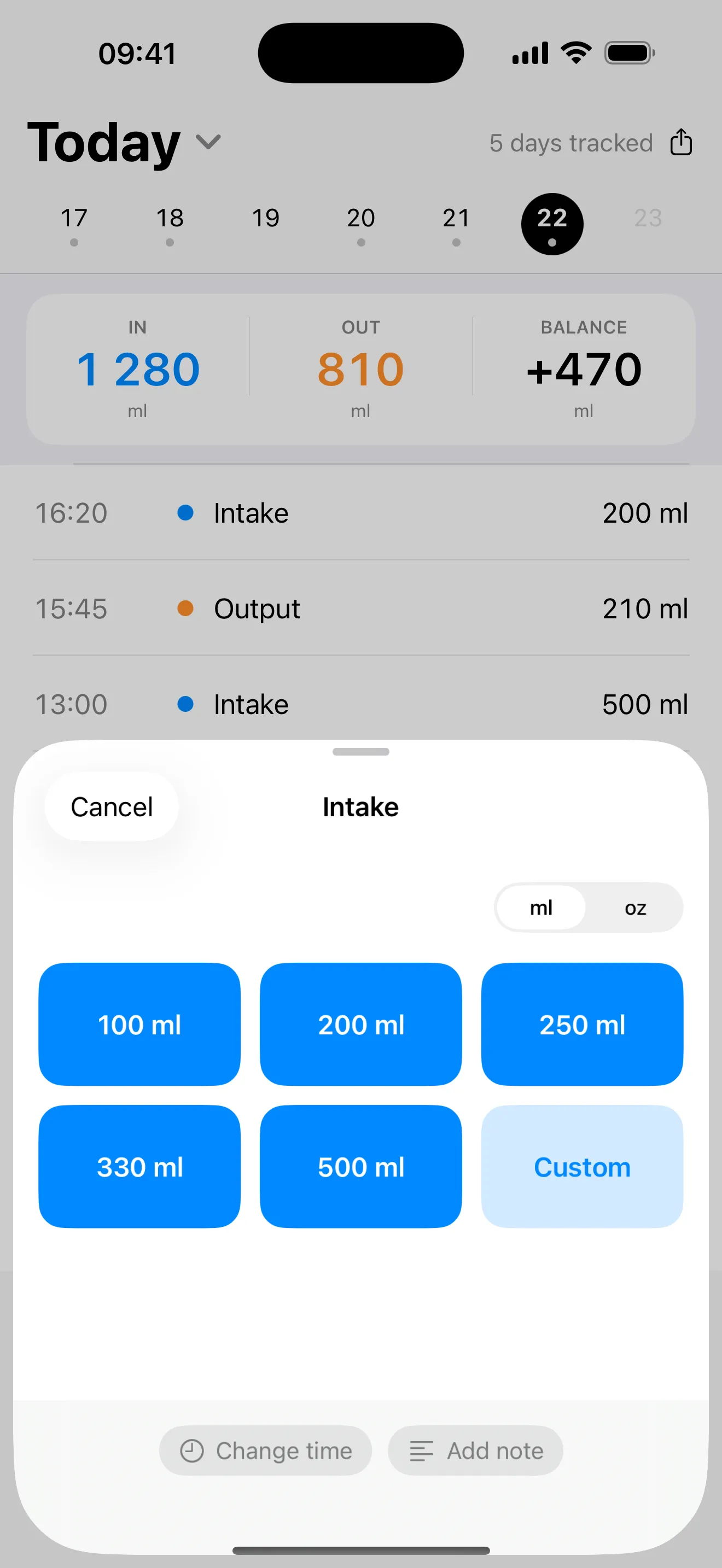 Intake: tap a preset, or Custom for an exact number. The entry is saved with the time.