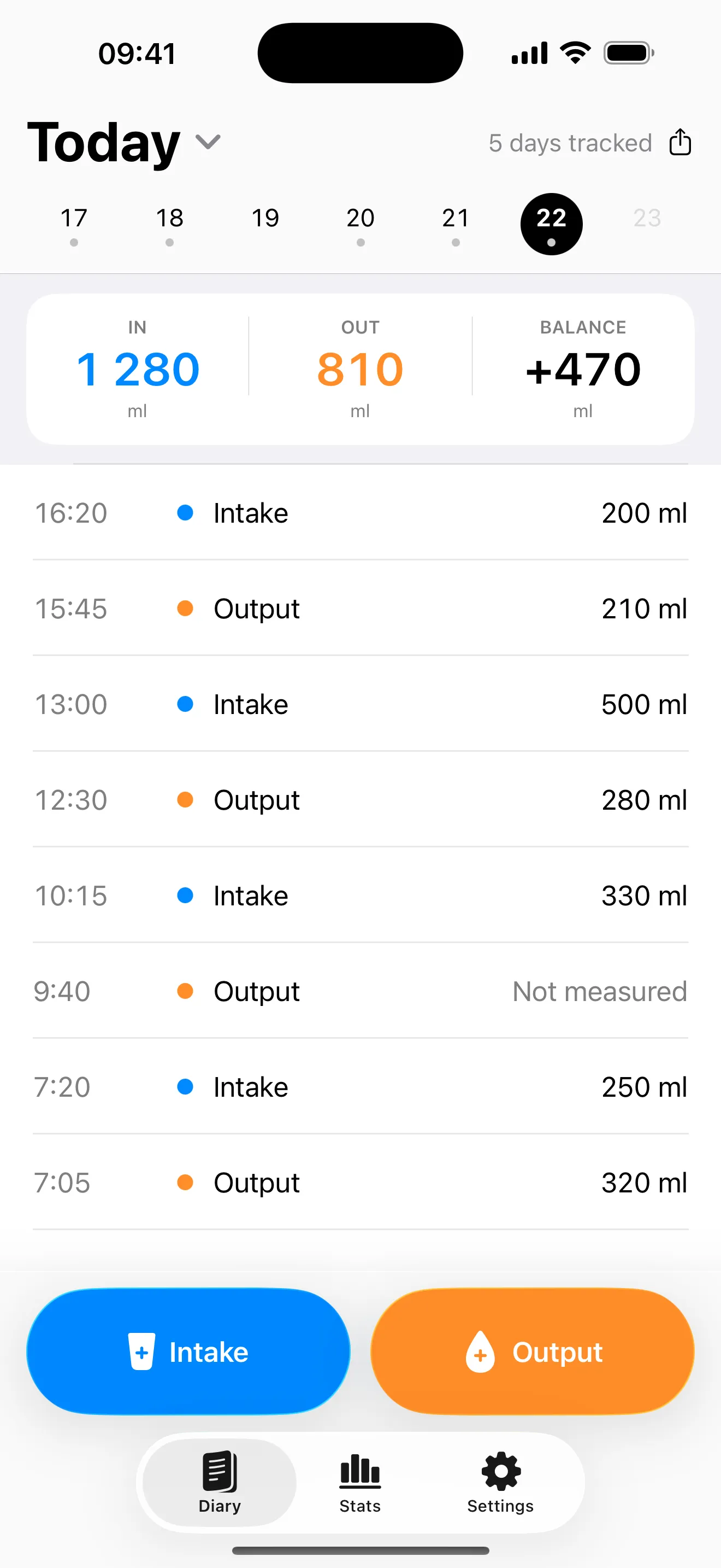 Today: IN, OUT and BALANCE at the top, the day's entries below, recent days in a row above.
