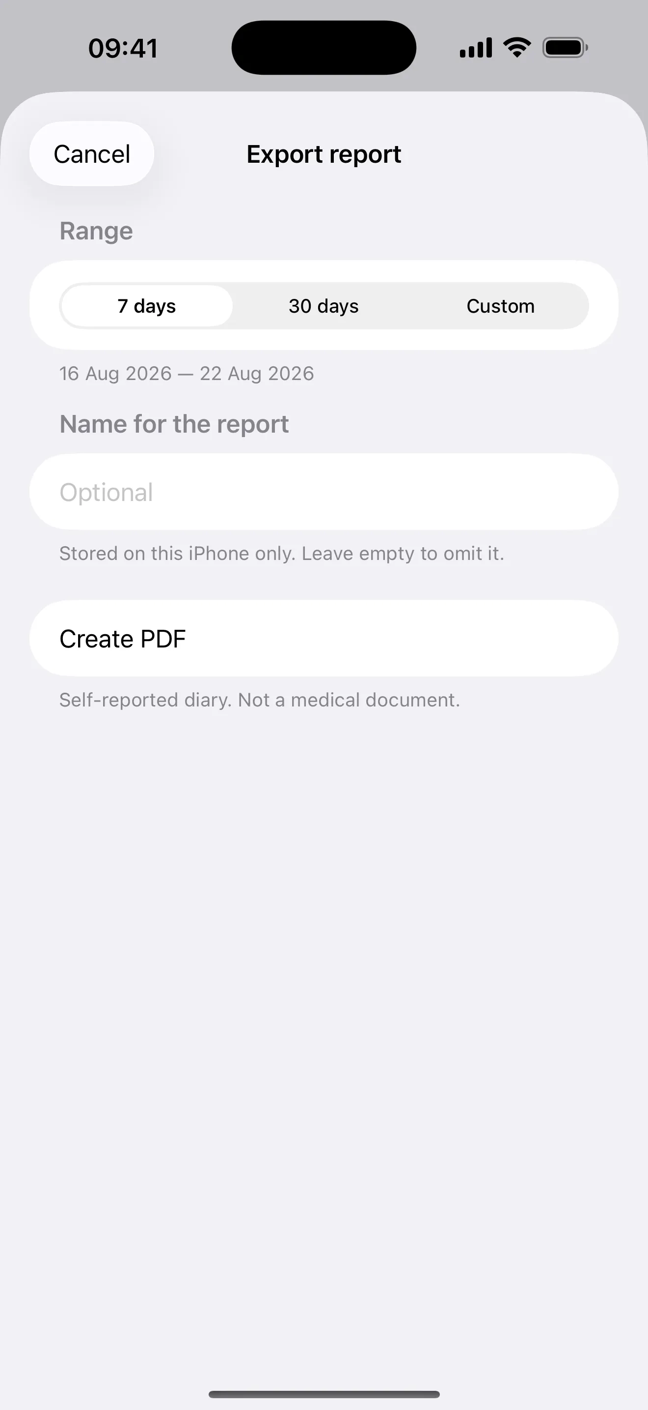 Export report: pick a range, add a name if you want one, Create PDF. CSV export is free.