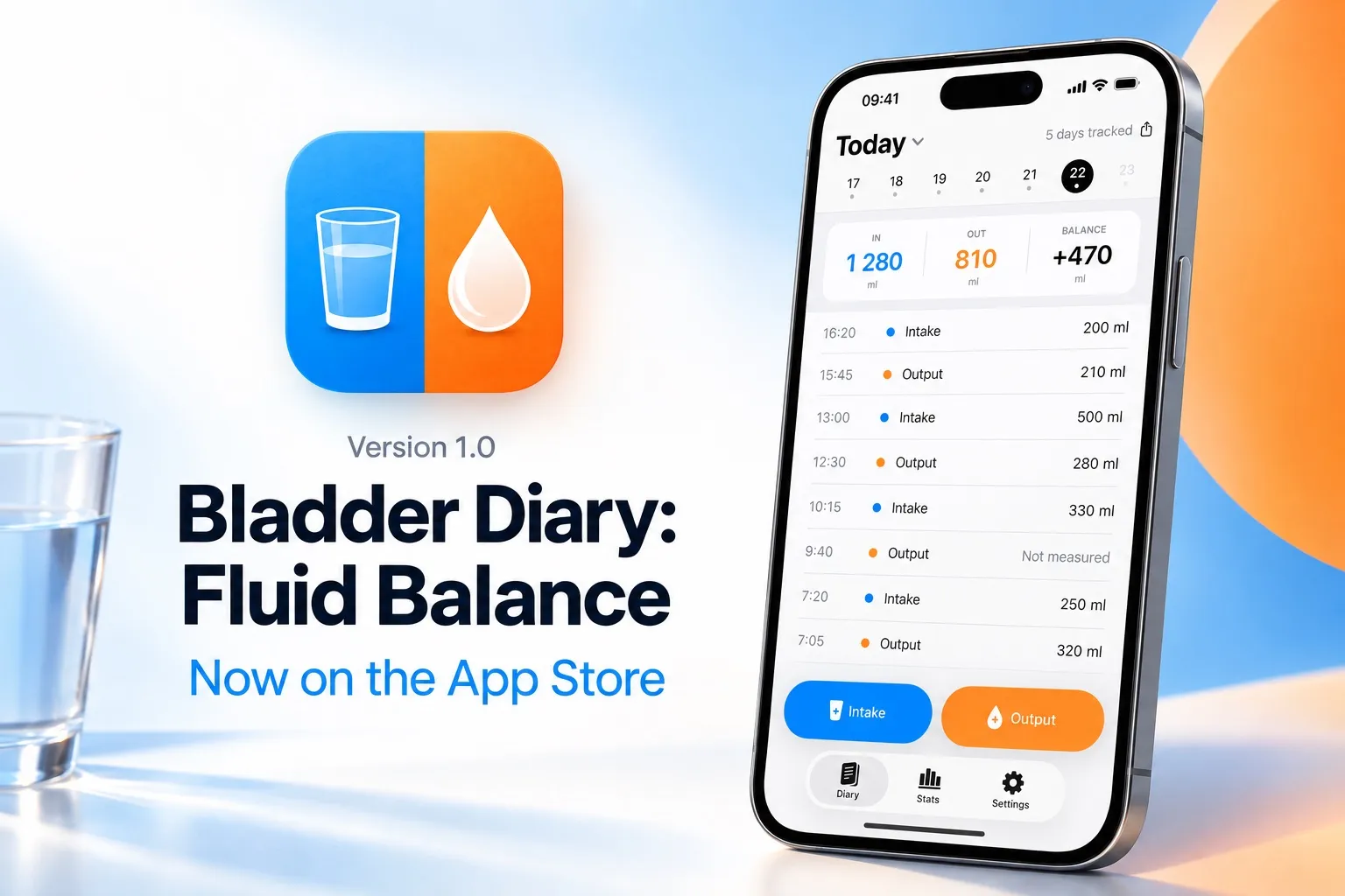 Version 1.0 cover: the app icon, the name Bladder Diary: Fluid Balance, Now on the App Store, and an iPhone with the Today screen