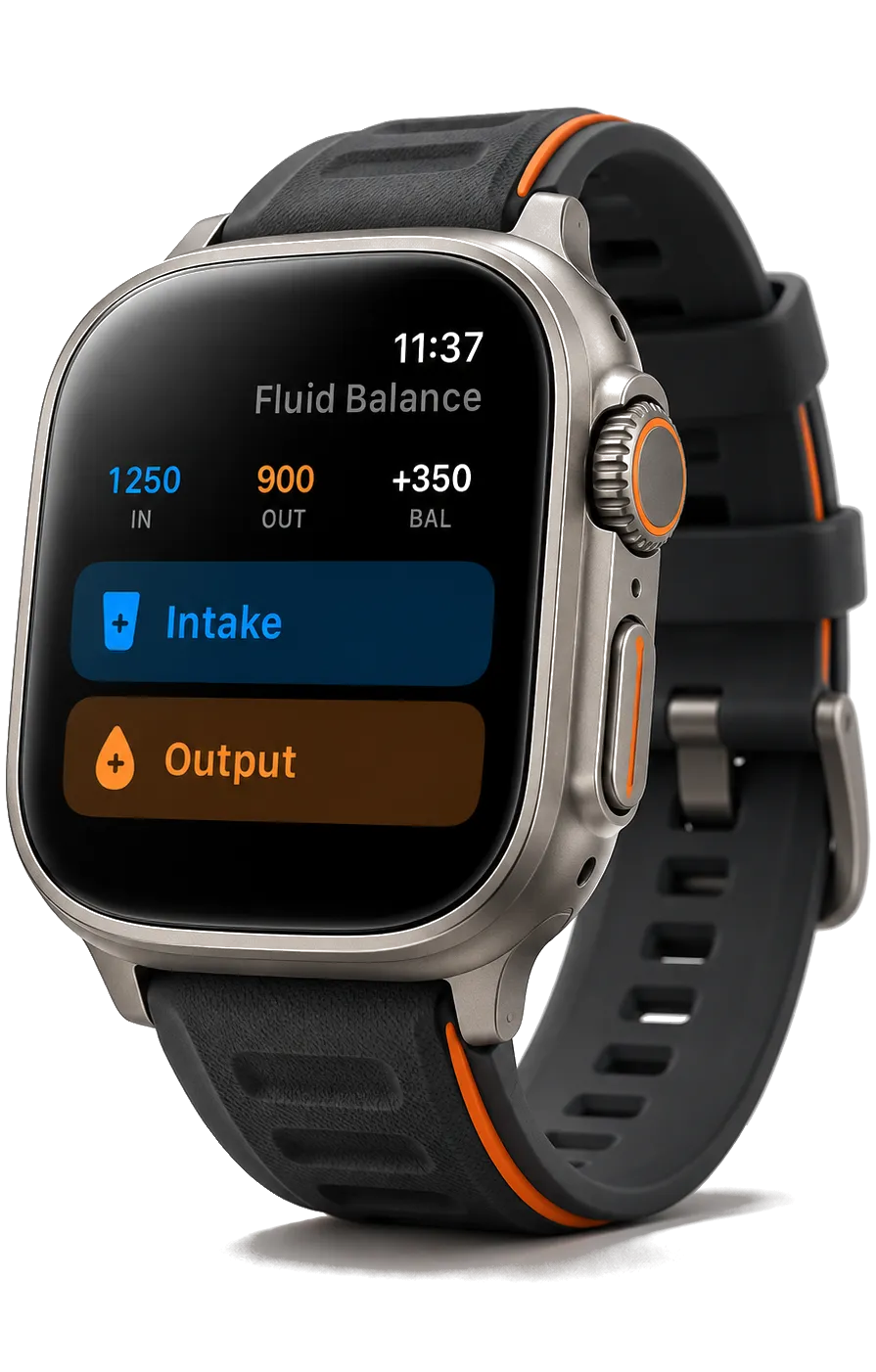 Apple Watch: IN 1250, OUT 900, BAL +350 and the Intake and Output buttons