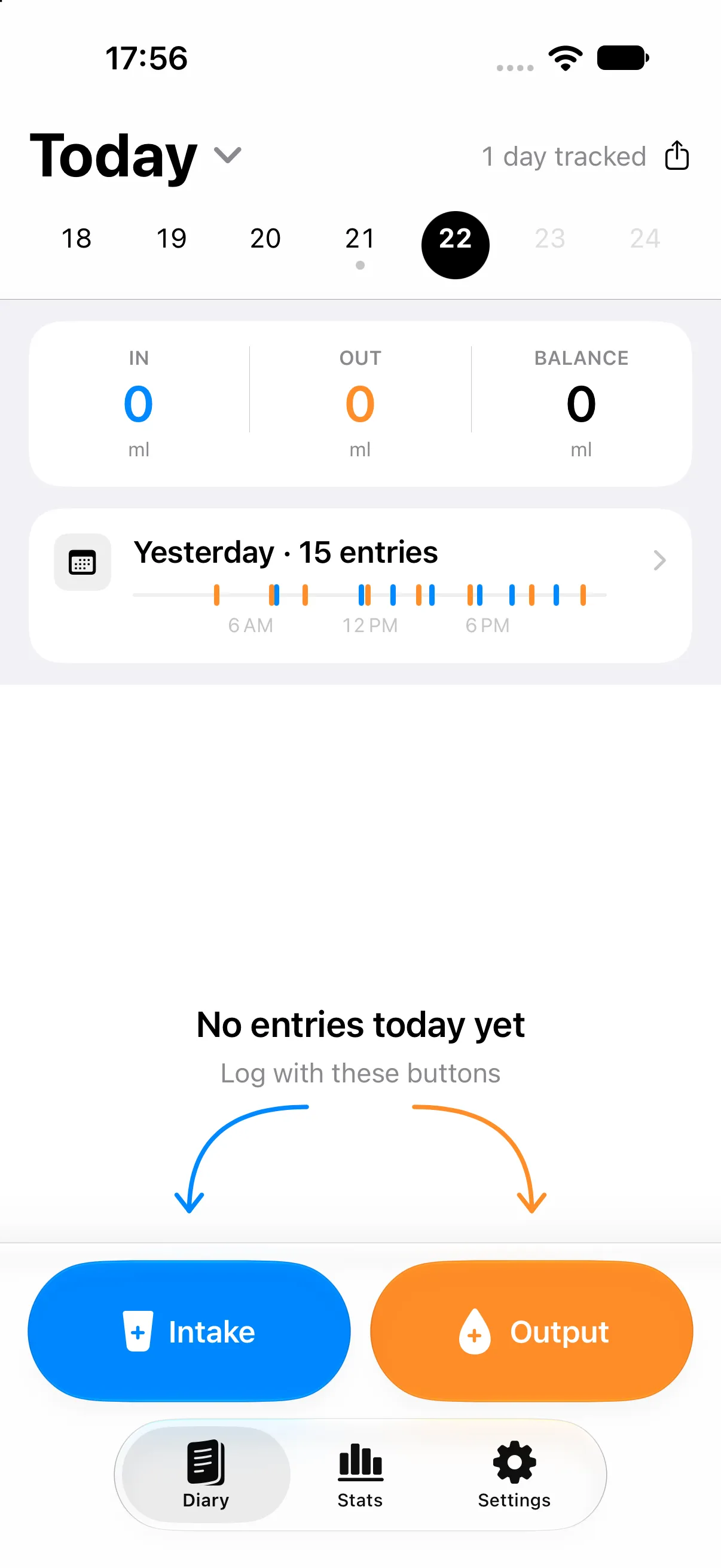 Today still empty: the card shows yesterday's entries and opens that day in one tap.